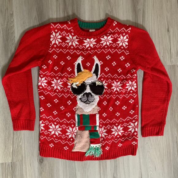 Holiday Time Christmas Llama Ugly Sweater Large Women's Junior Red Green Sequin - Picture 1 of 9